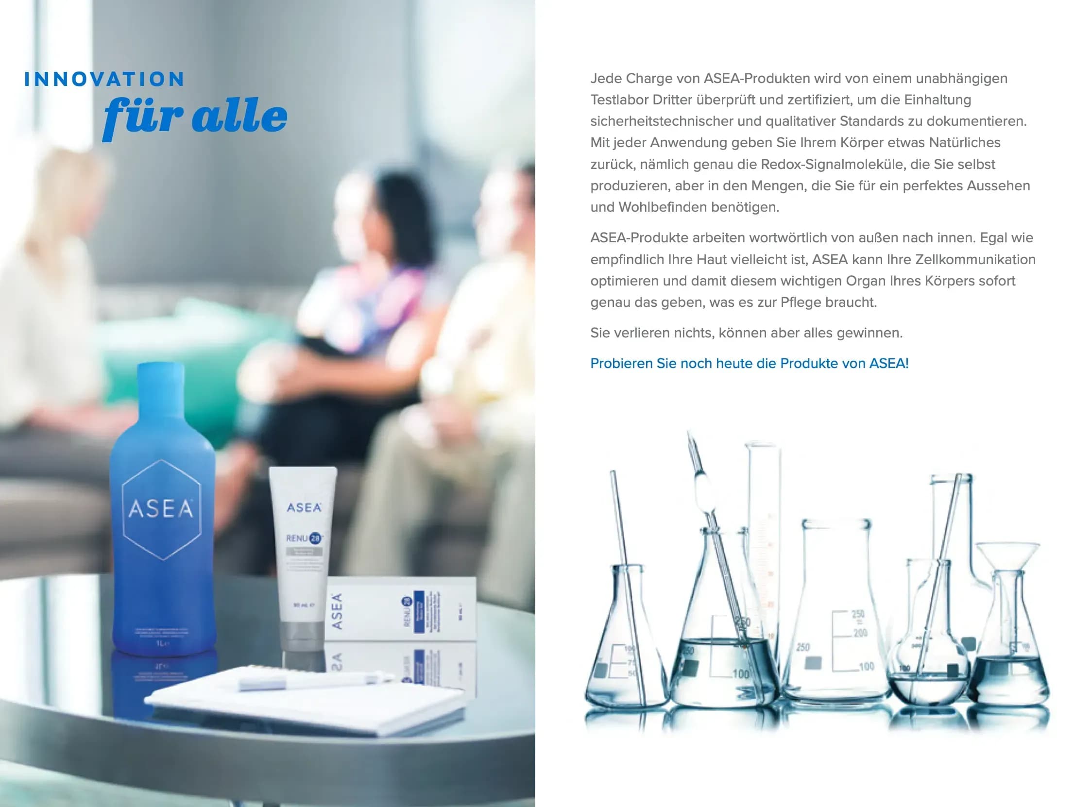 ASEA™ ist durch US-Patente 8,367,120 · 8,663,705 · 8,455,010 geschützt. Die patentierte Herstellung der Redox-Moleküle macht ASEA einzigartig und technologisch exklusiv.